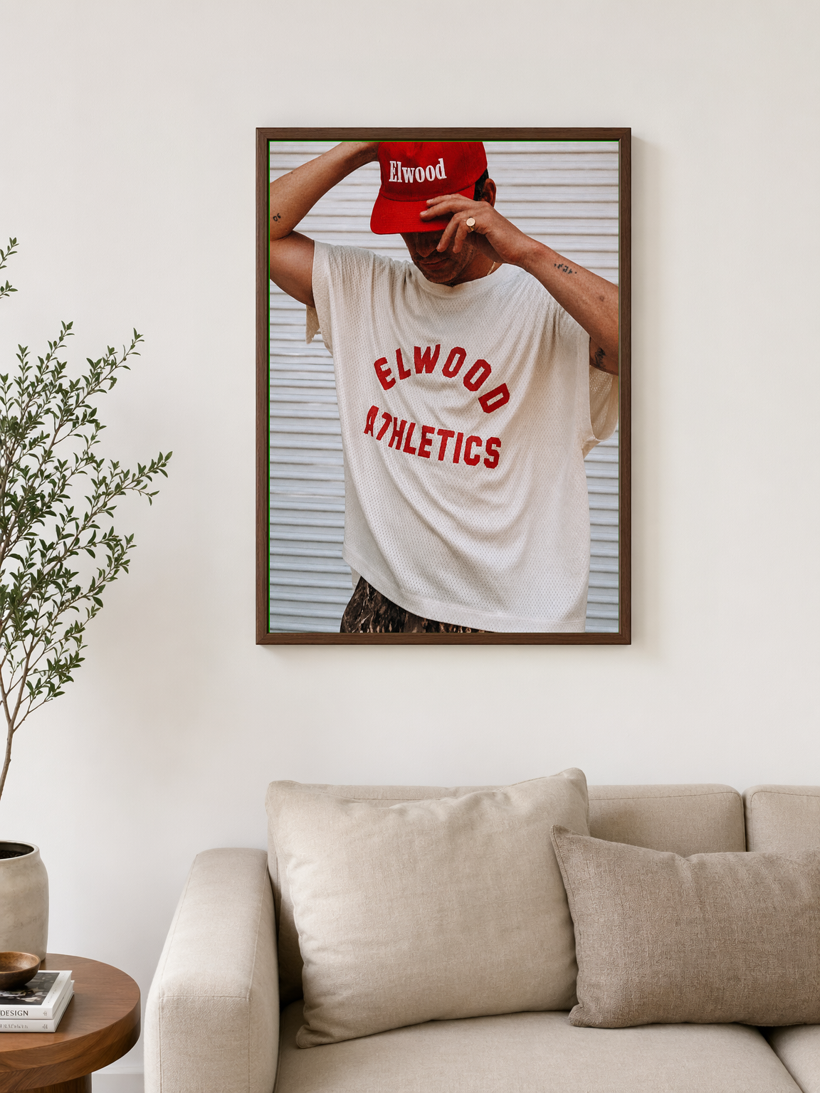 Elwood Athletics Red Cap Wall Art Print - dark wood framed