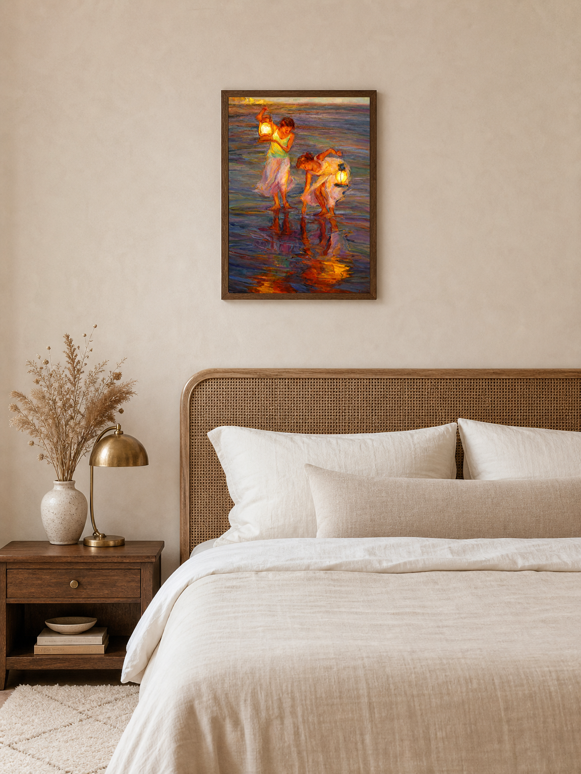 Girls with Lanterns at the Shore Wall Art Print - dark wood framed