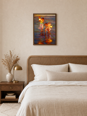 Girls with Lanterns at the Shore Wall Art Print - dark wood framed