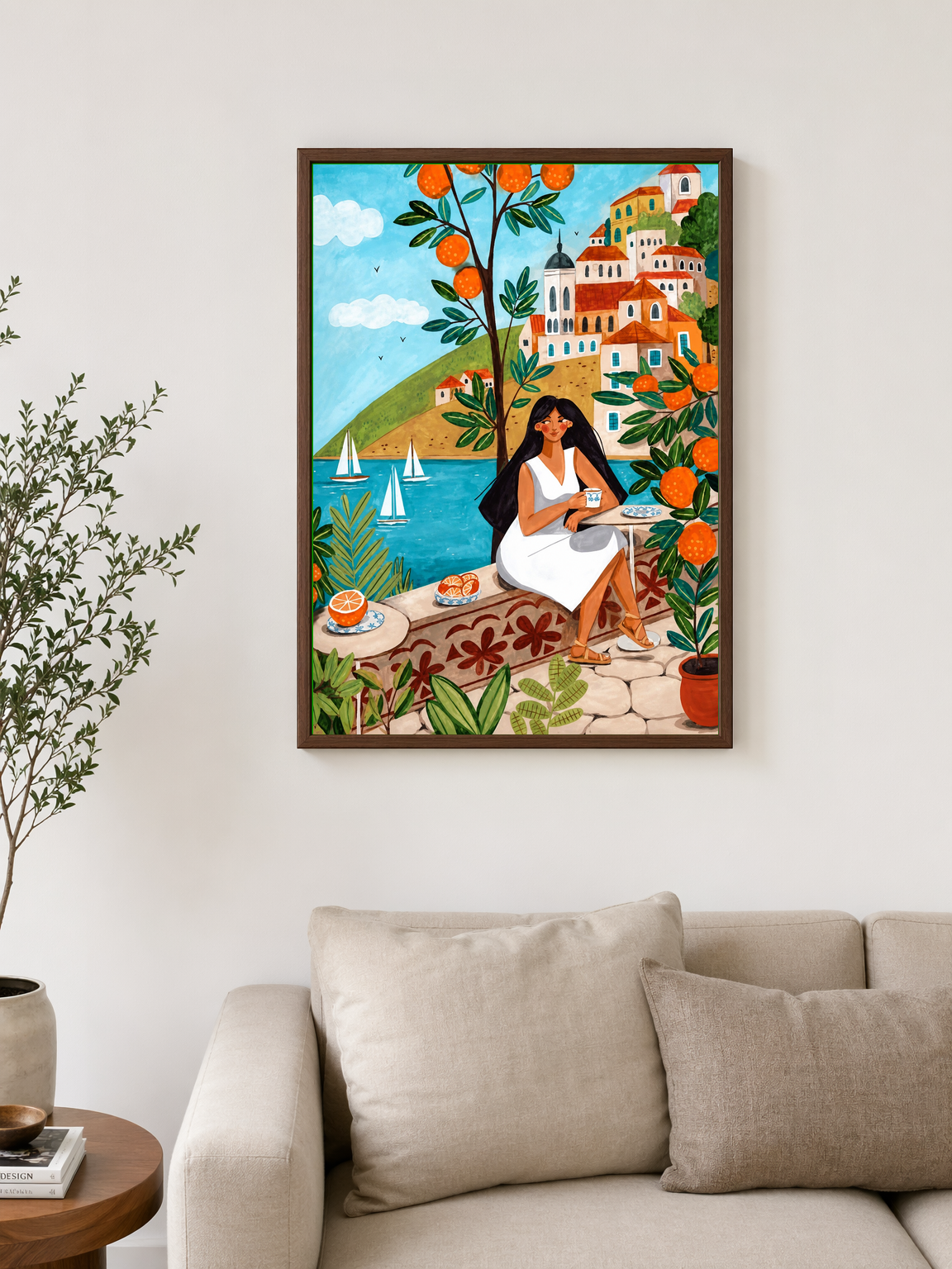 Mediterranean Orange Grove Coastal Wall Art Print - dark wood framed