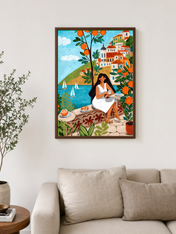 Mediterranean Orange Grove Coastal Wall Art Print - dark wood framed
