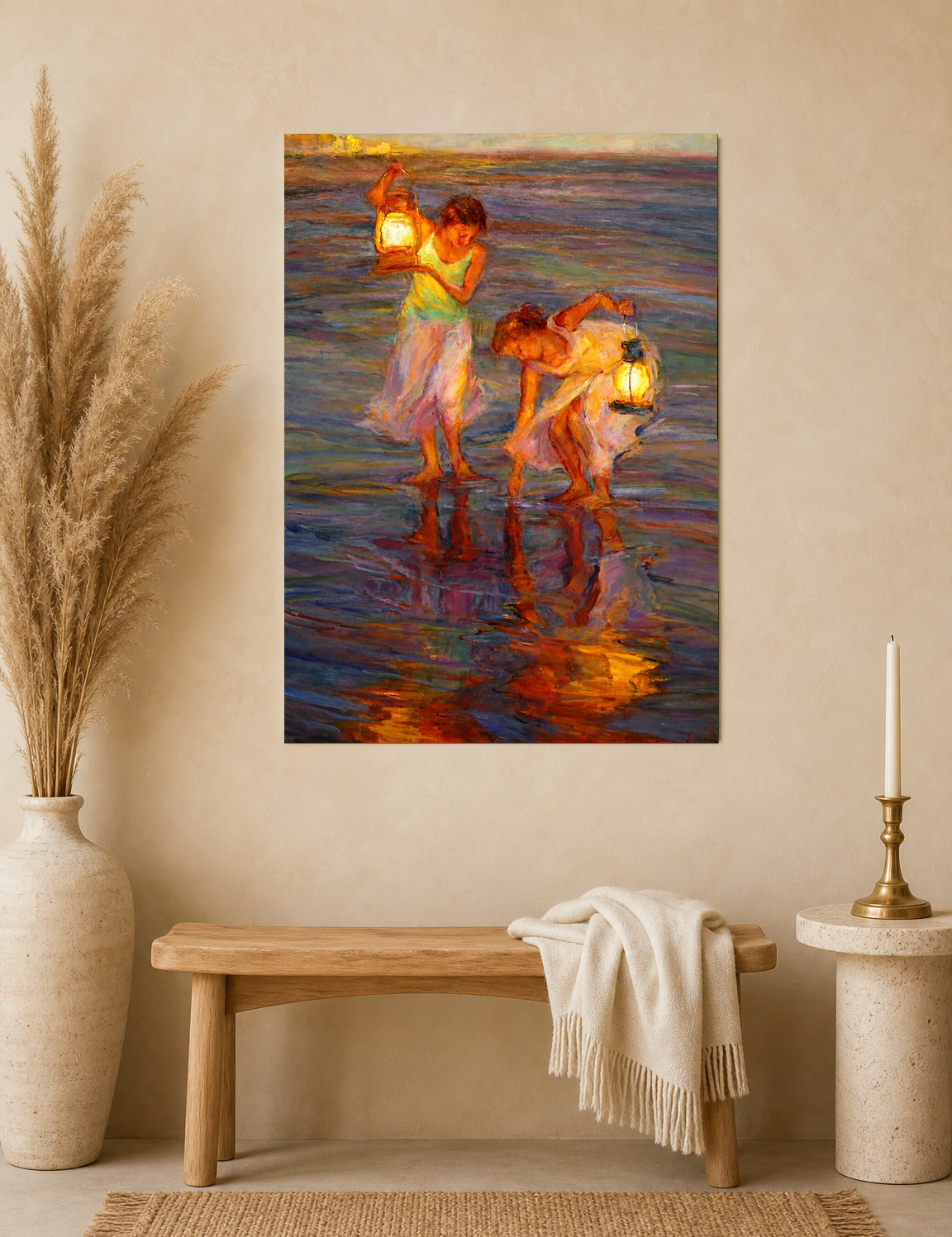 Girls with Lanterns at the Shore Wall Art Print - unframed mockup