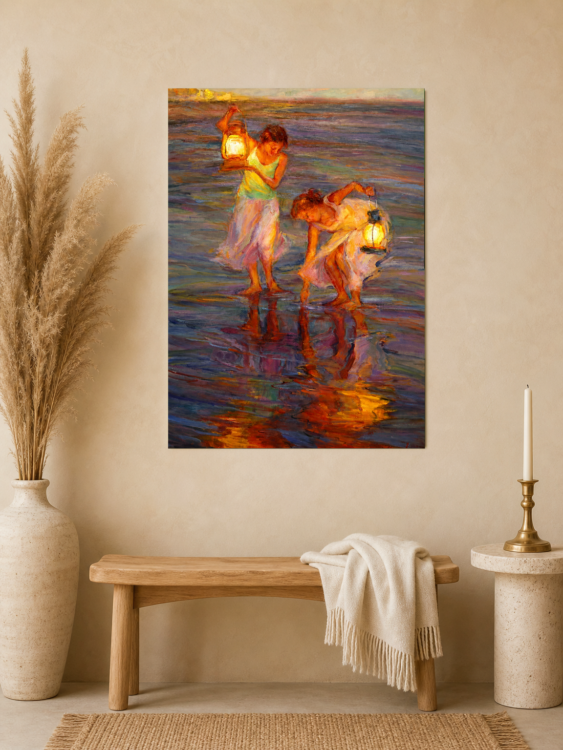 Girls with Lanterns at the Shore Wall Art Print - unframed mockup