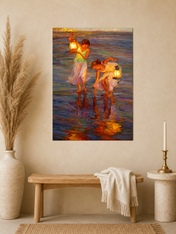 Girls with Lanterns at the Shore Wall Art Print - unframed mockup