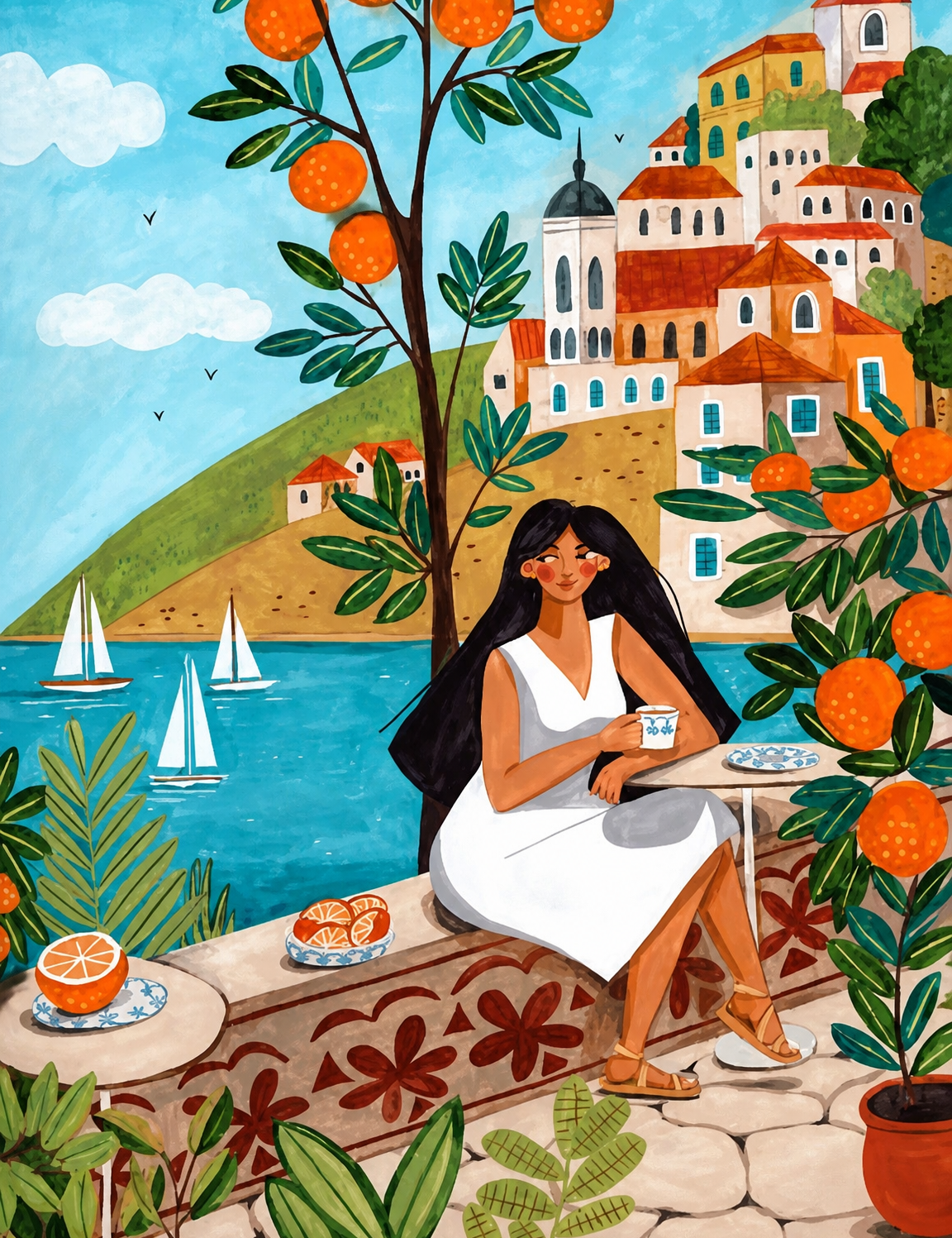 Mediterranean Orange Grove Coastal Wall Art Print - unframed