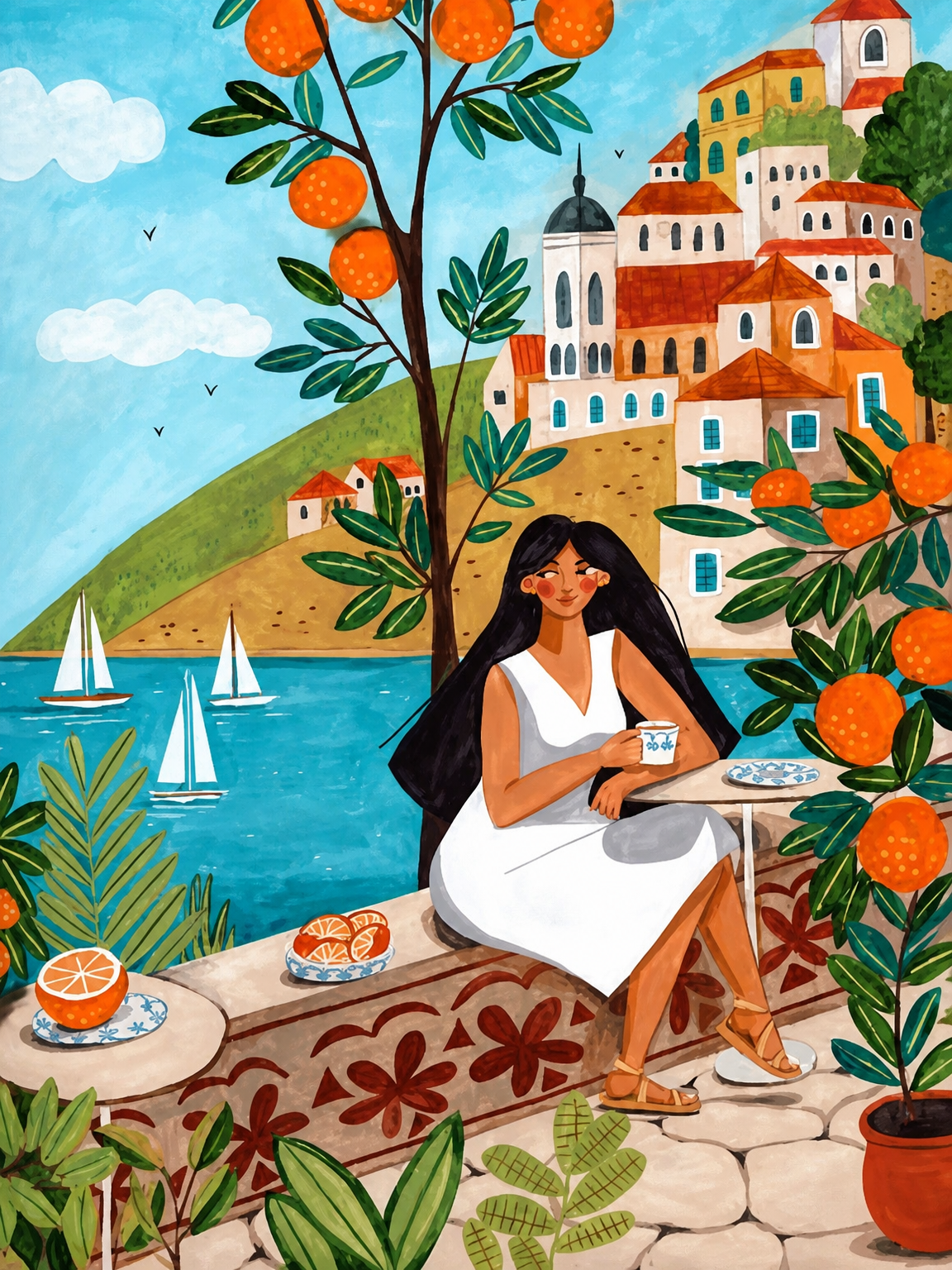 Mediterranean Orange Grove Coastal Wall Art Print - unframed