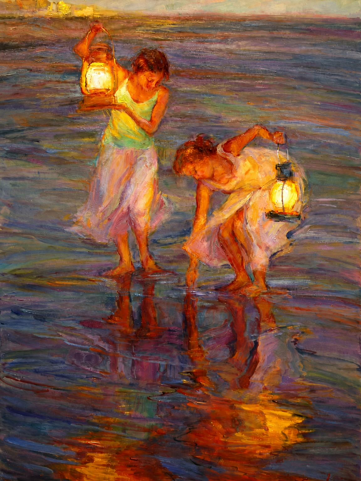 Girls with Lanterns at the Shore Wall Art Print - unframed