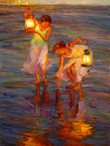 Girls with Lanterns at the Shore Wall Art Print