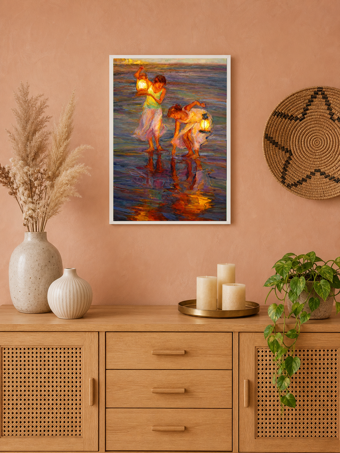 Girls with Lanterns at the Shore Wall Art Print - white framed