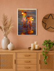 Girls with Lanterns at the Shore Wall Art Print - white framed