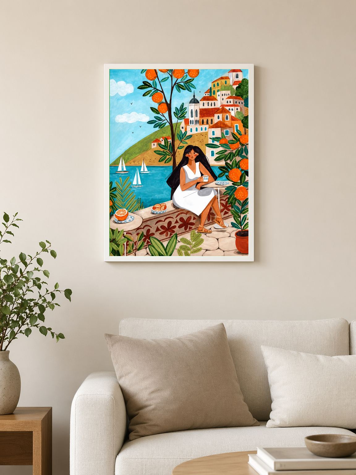 Mediterranean Orange Grove Coastal Wall Art Print - white framed