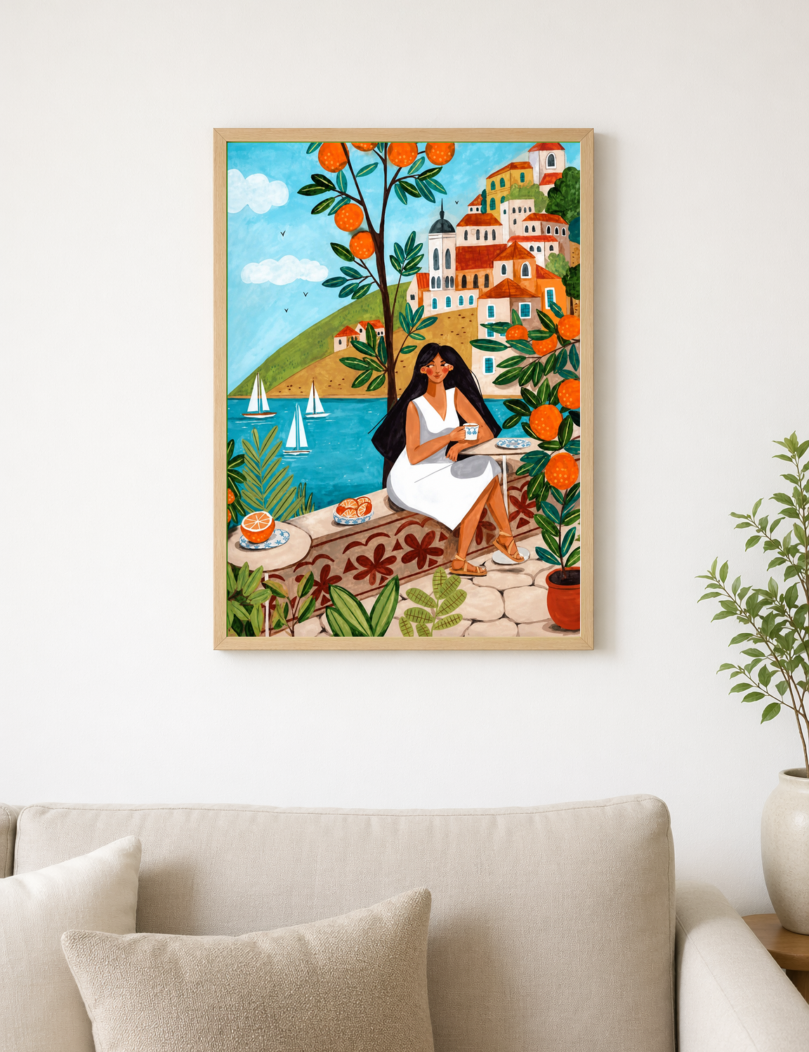 Mediterranean Orange Grove Coastal Wall Art Print - wood framed poster