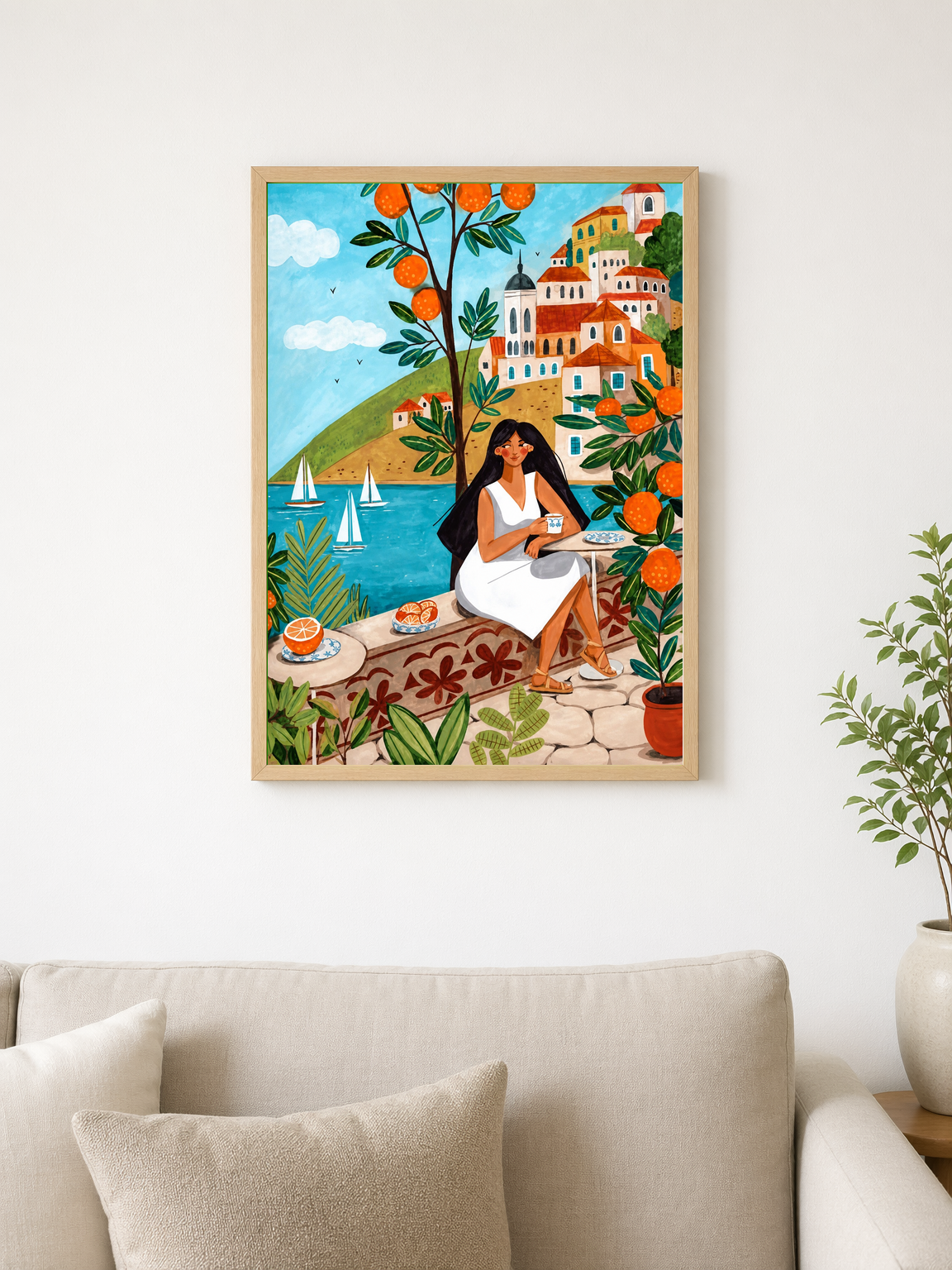 Mediterranean Orange Grove Coastal Wall Art Print - wood framed poster