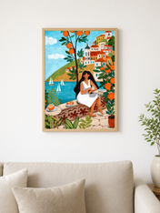 Mediterranean Orange Grove Coastal Wall Art Print - wood framed poster