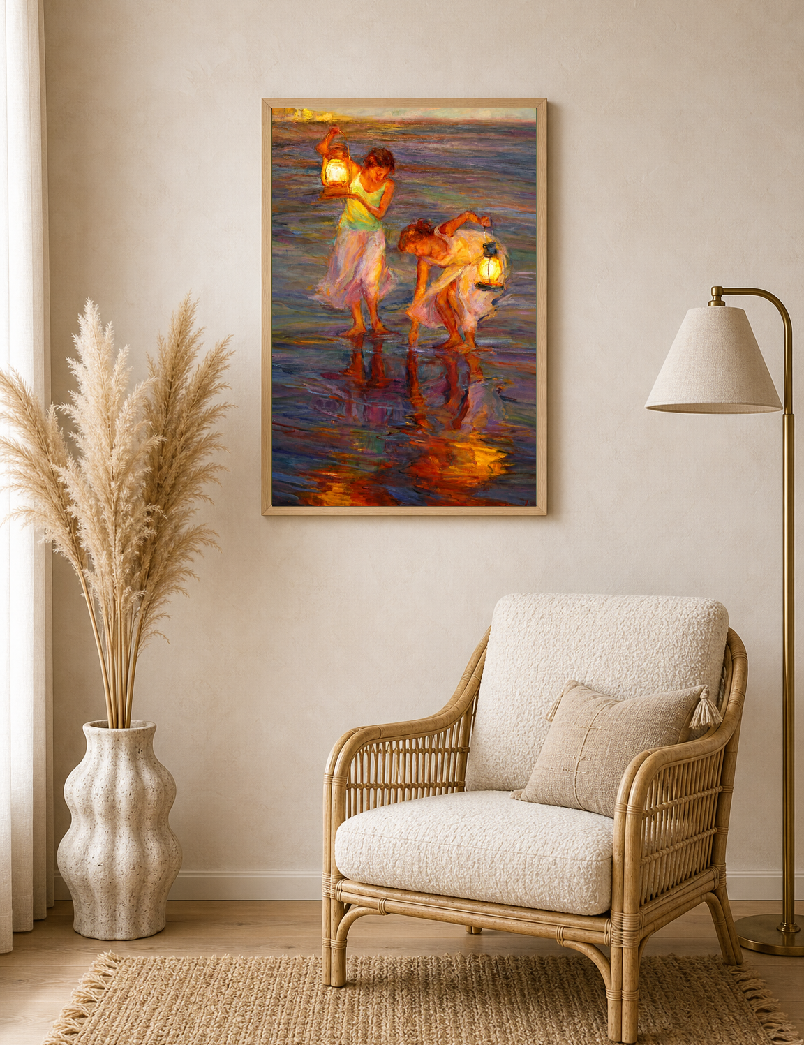 Girls with Lanterns at the Shore Wall Art Print - wood framed poster
