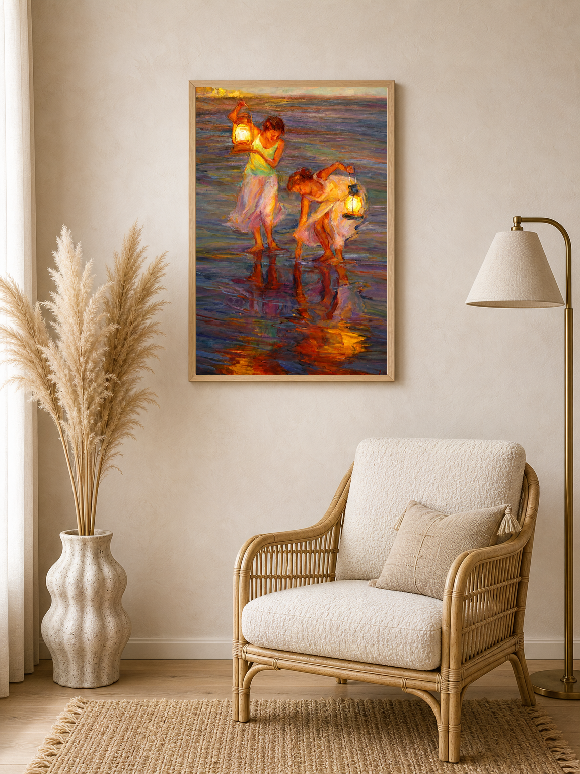 Girls with Lanterns at the Shore Wall Art Print - wood framed poster