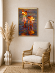 Girls with Lanterns at the Shore Wall Art Print - wood framed poster