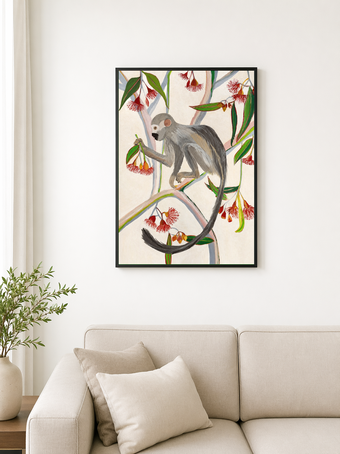 Monkey in Eucalyptus Tree Wall Art Print - black framed