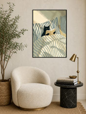 Cozy Cat Reading in Bed Wall Art Print - black framed