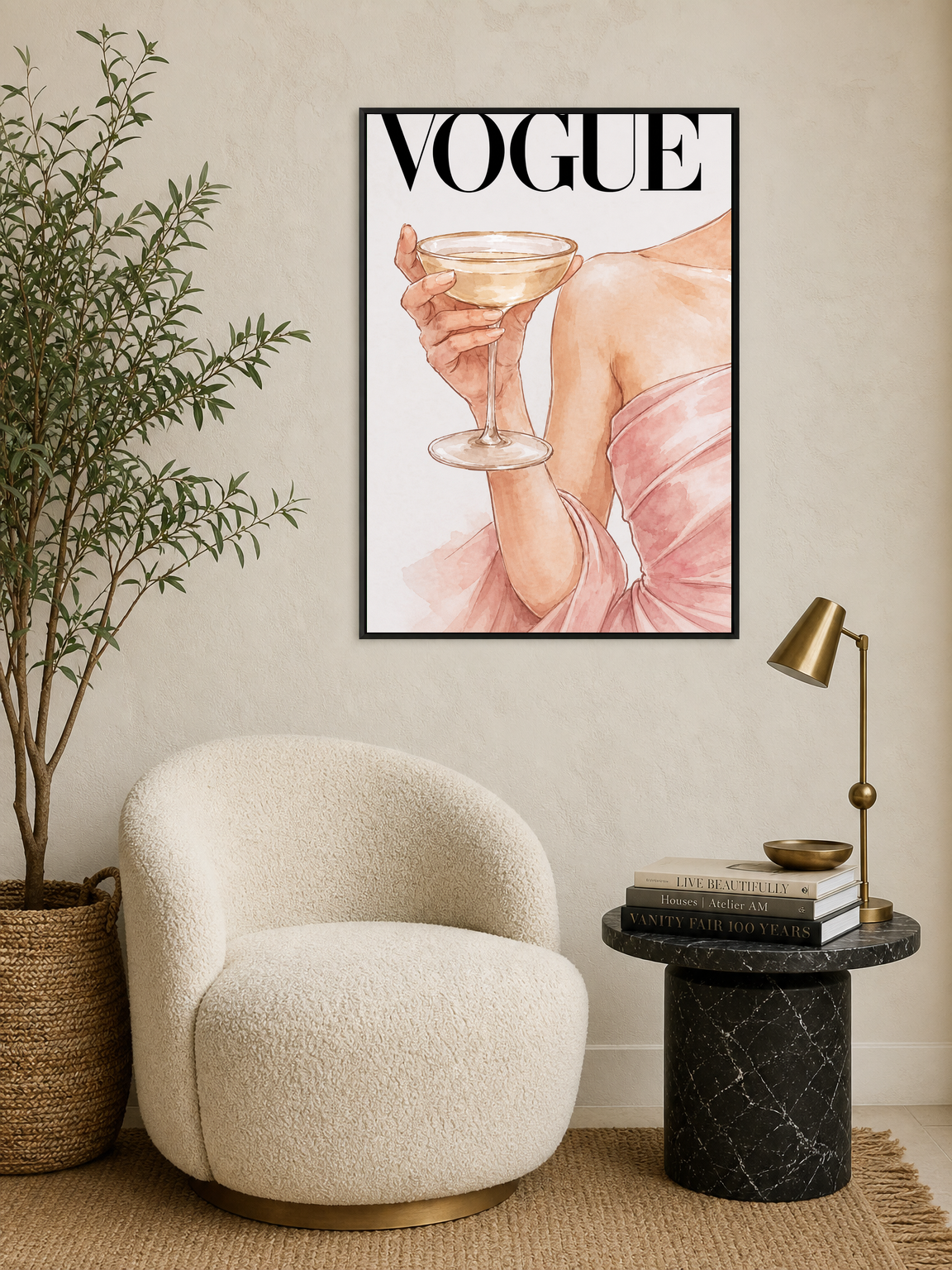 Elegant Vogue Champagne Wall Art Print - black framed