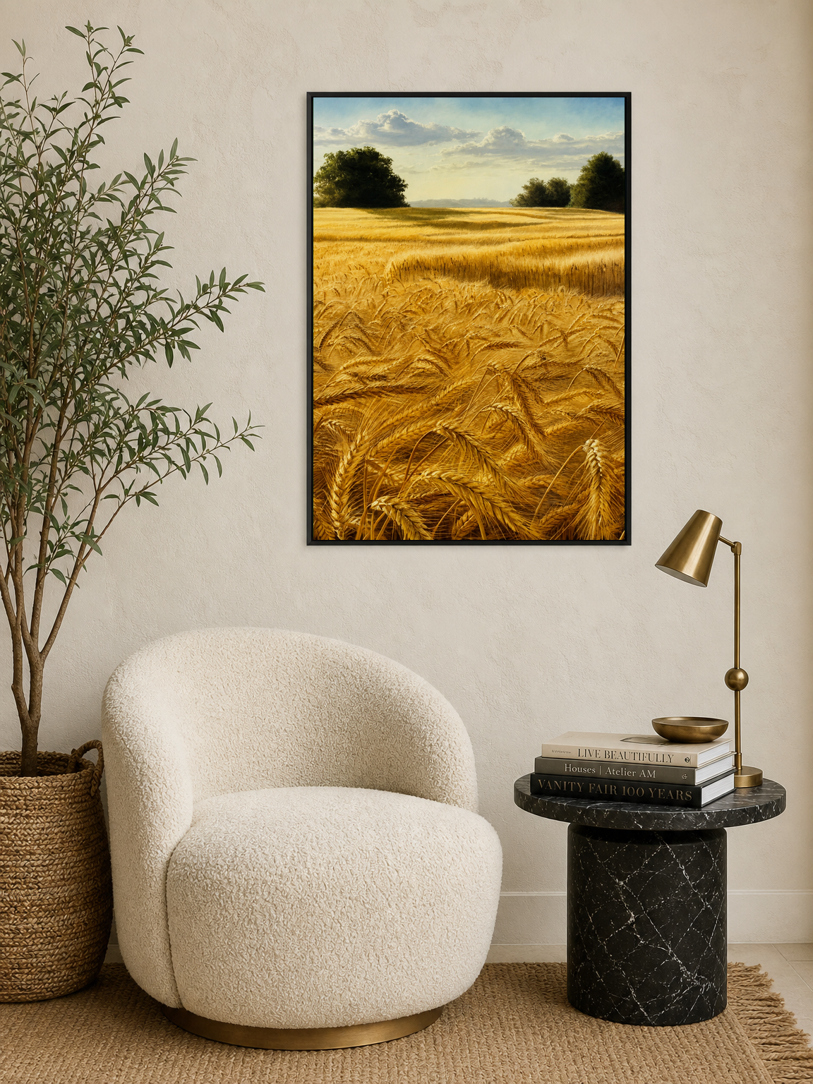Golden Wheat Field Landscape Wall Art Print - black framed
