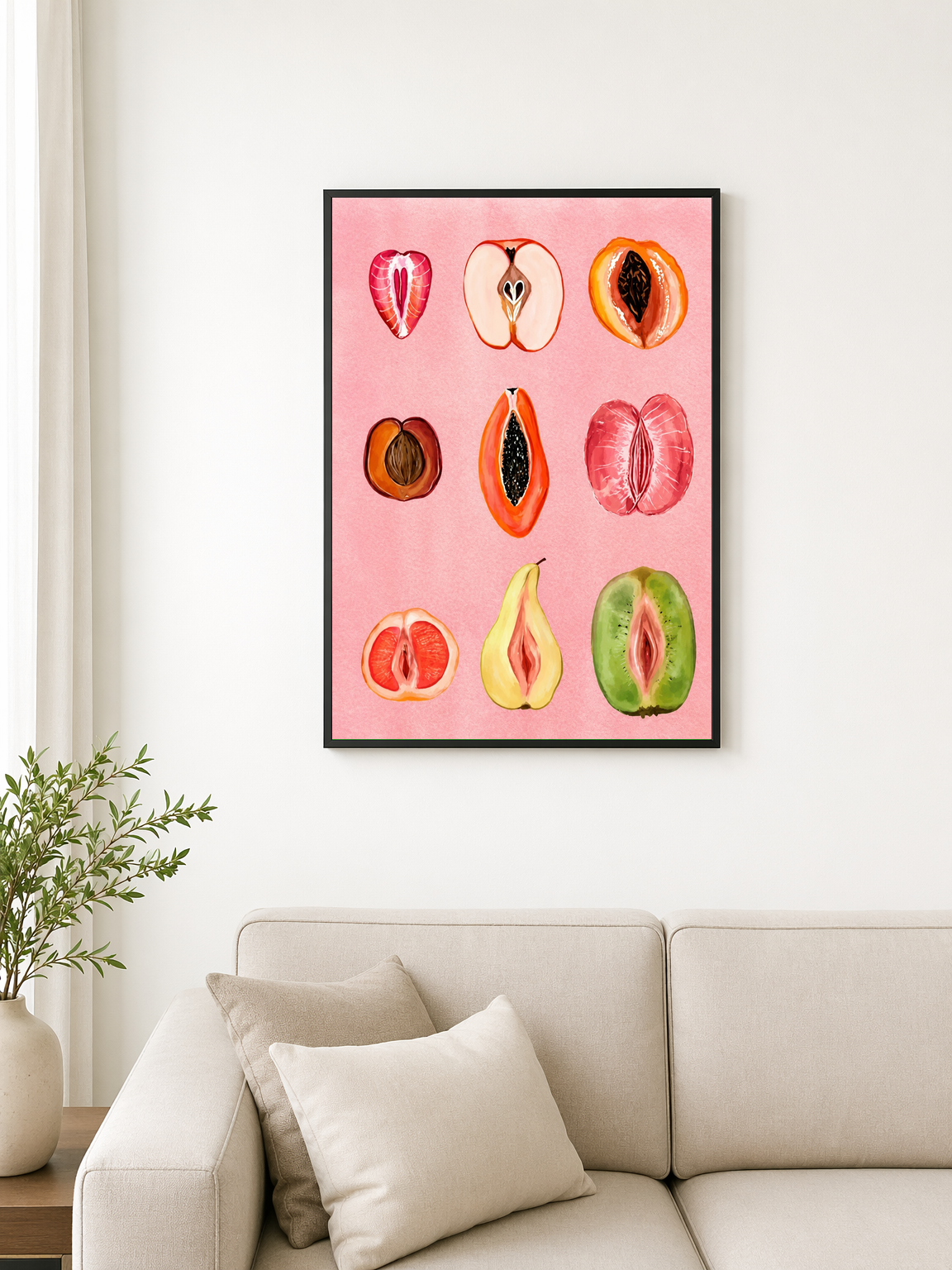 Feminine Fruit Forms Wall Art Print - black framed