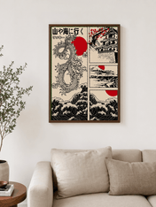 Japanese Dragon & Waves Wall Art Print - dark wood framed