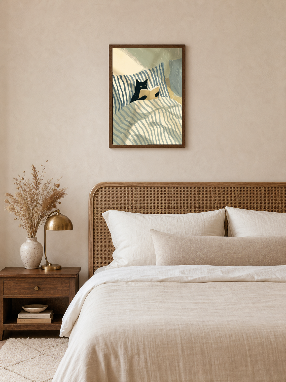 Cozy Cat Reading in Bed Wall Art Print - dark wood framed