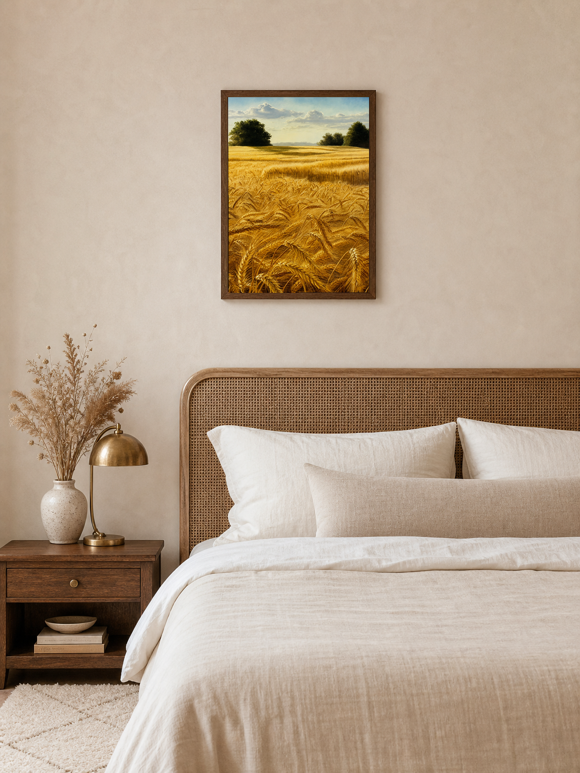 Golden Wheat Field Landscape Wall Art Print - dark wood framed