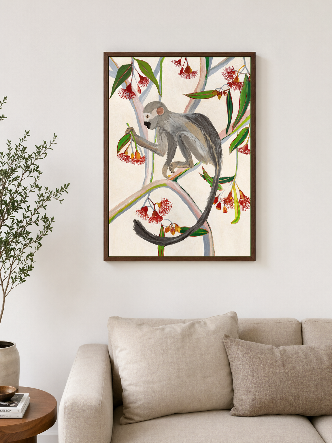 Monkey in Eucalyptus Tree Wall Art Print - dark wood framed