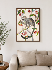 Monkey in Eucalyptus Tree Wall Art Print - dark wood framed