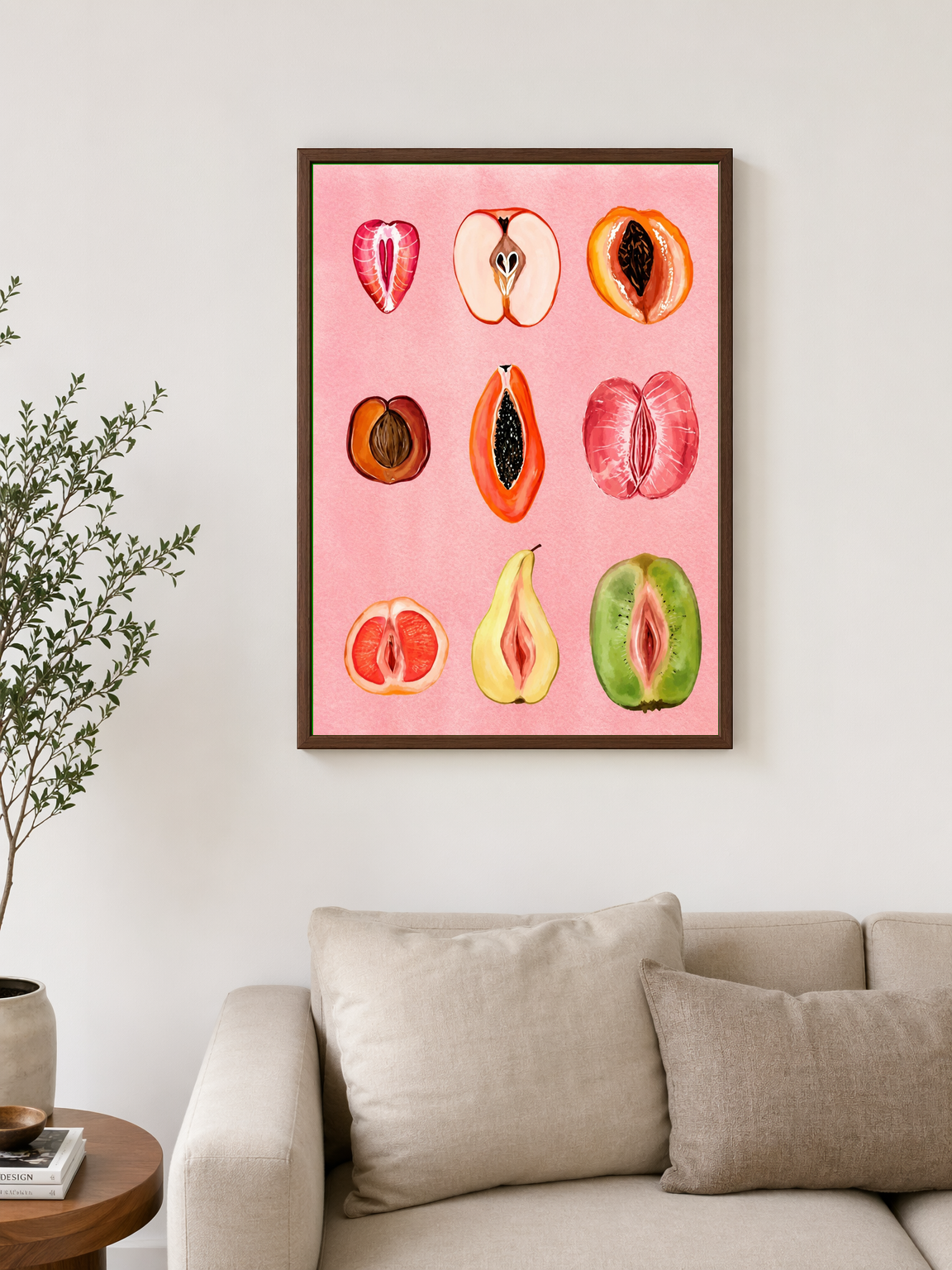 Feminine Fruit Forms Wall Art Print - dark wood framed