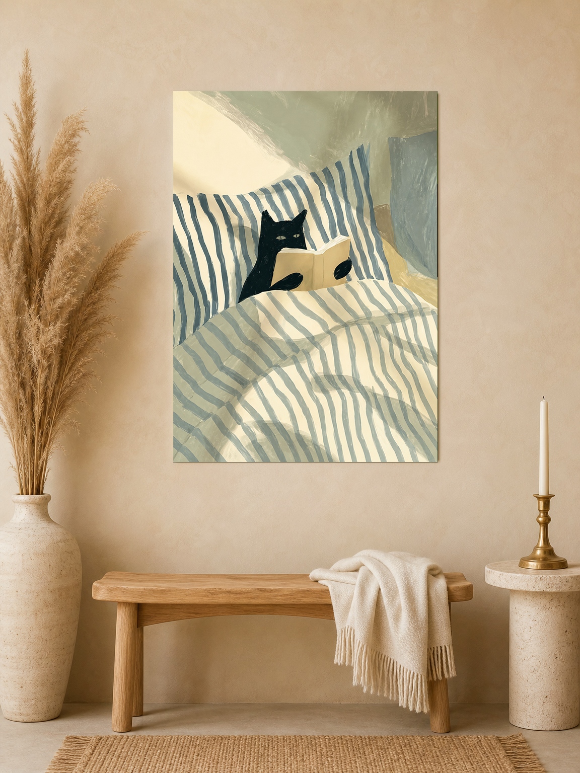 Cozy Cat Reading in Bed Wall Art Print - unframed mockup