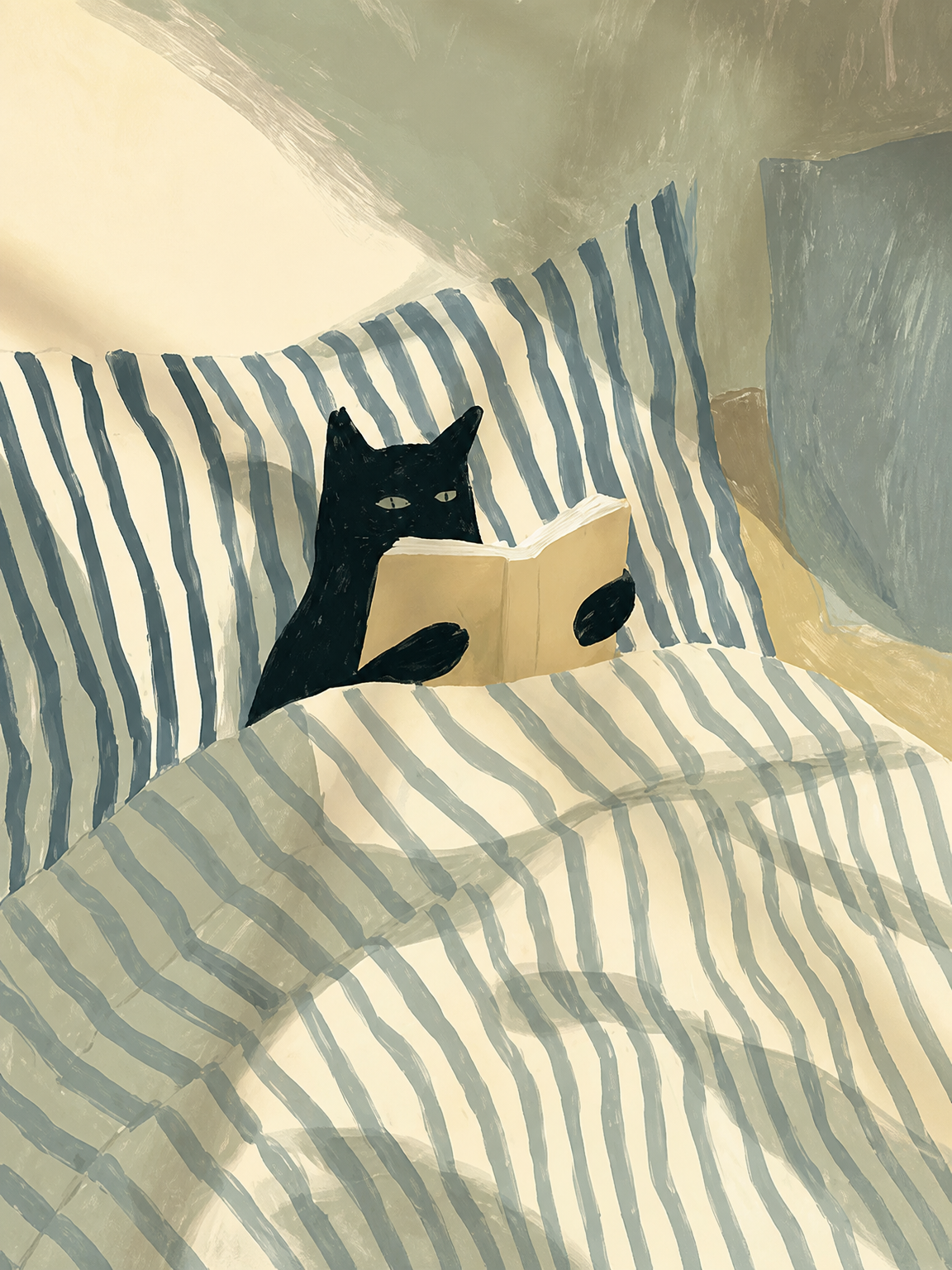 Cozy Cat Reading in Bed Wall Art Print - unframed