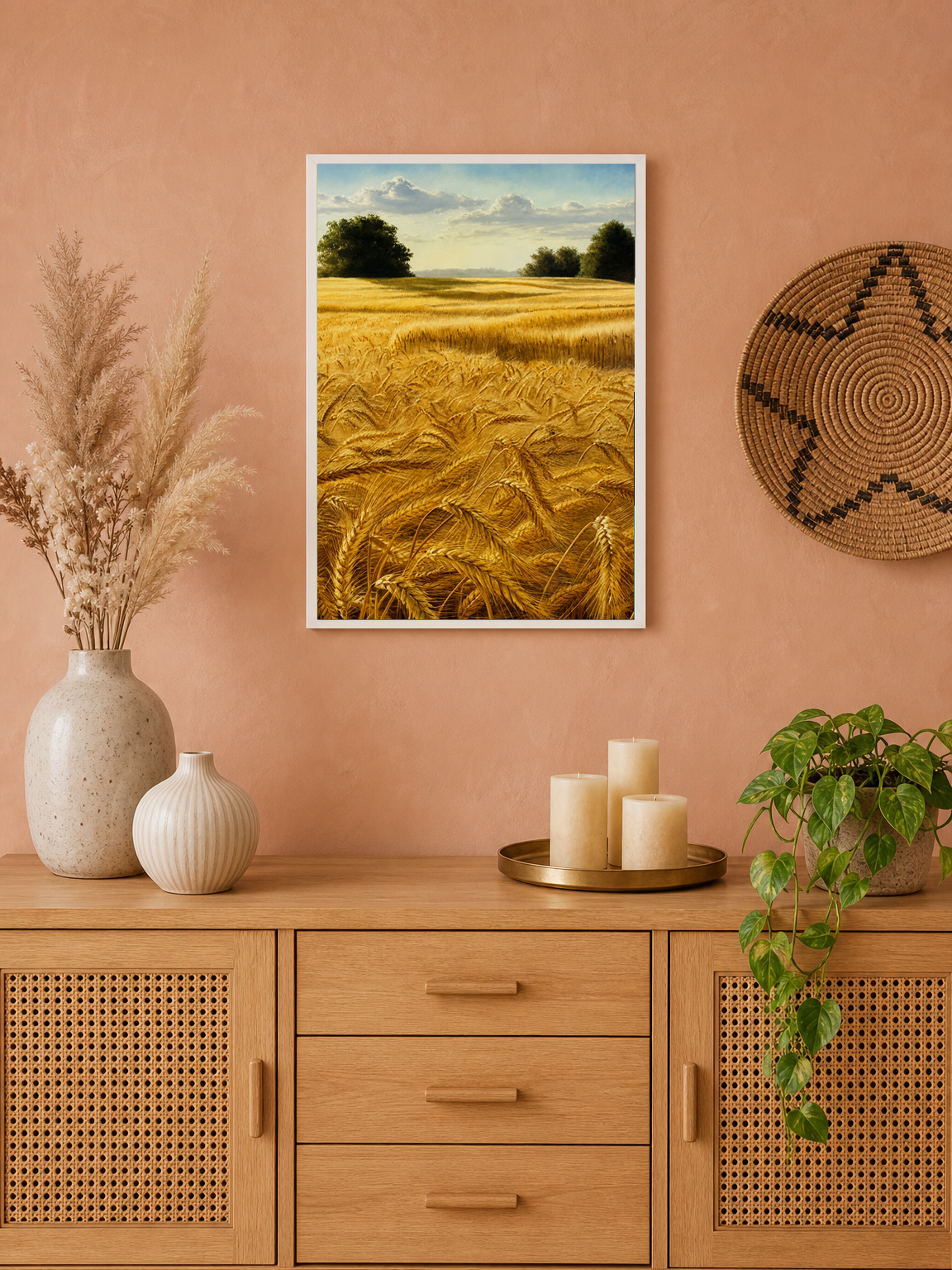 Golden Wheat Field Landscape Wall Art Print - white framed
