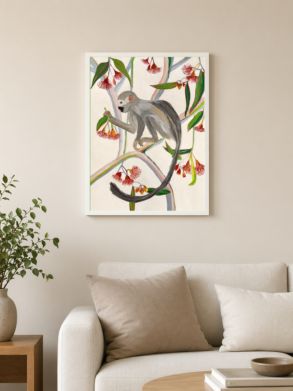 Monkey in Eucalyptus Tree Wall Art Print - white framed