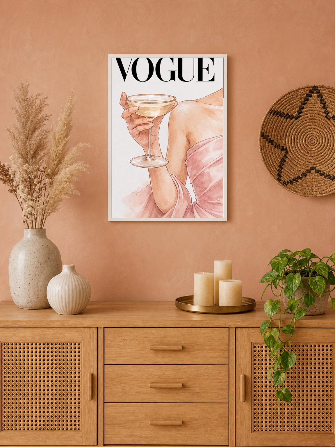 Elegant Vogue Champagne Wall Art Print - white framed