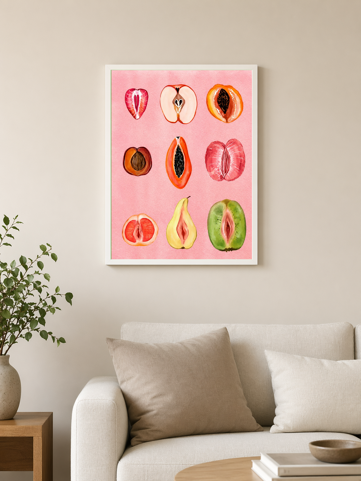 Feminine Fruit Forms Wall Art Print - white framed