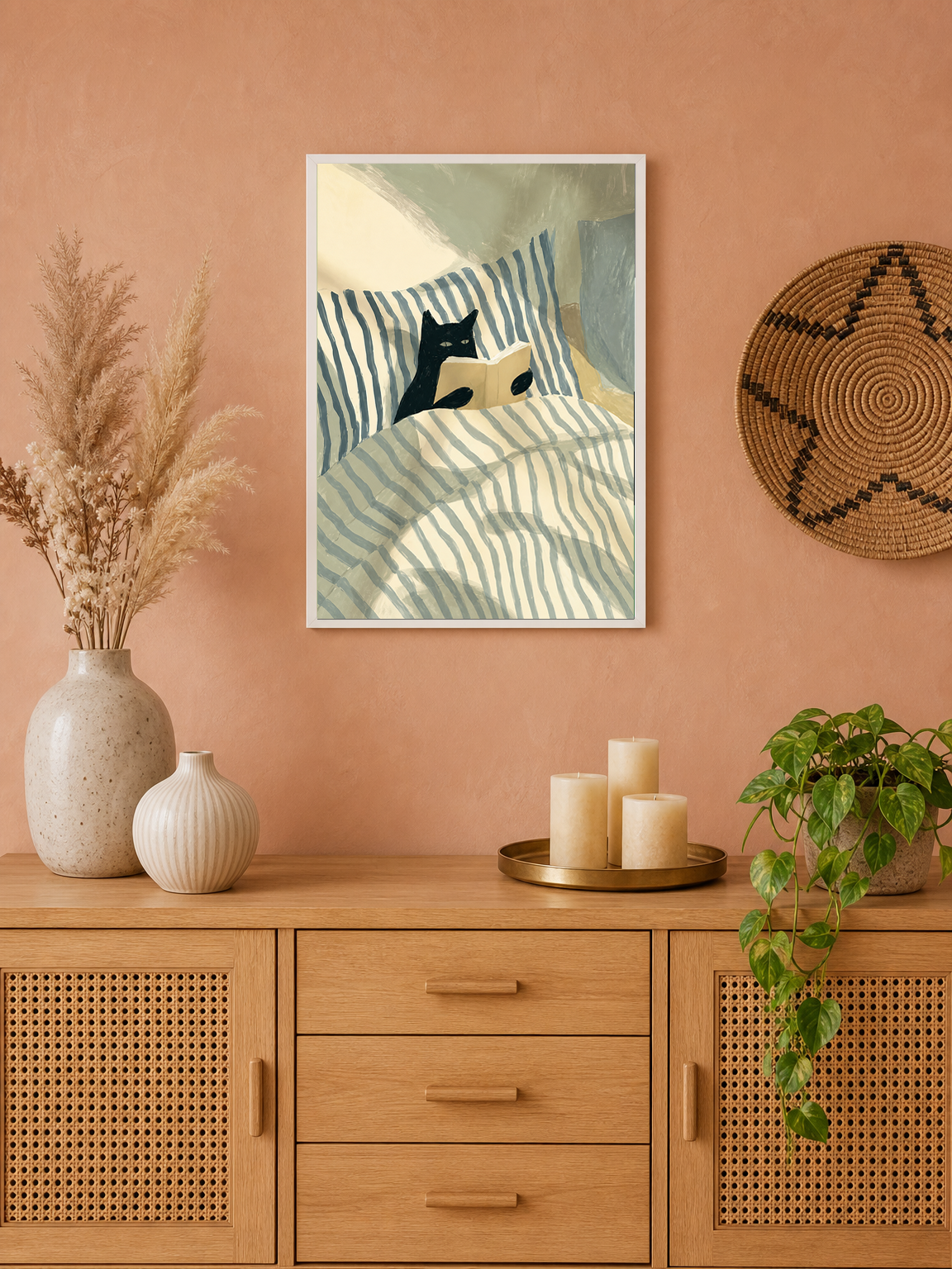 Cozy Cat Reading in Bed Wall Art Print - white framed