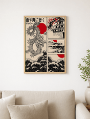 Japanese Dragon & Waves Wall Art Print - wood framed poster