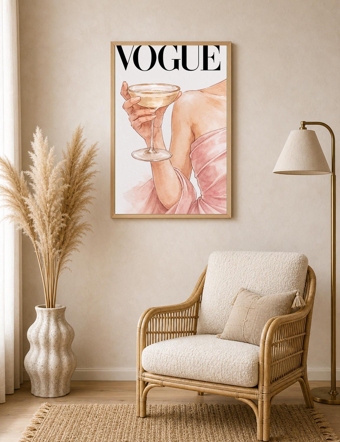 Elegant Vogue Champagne Wall Art Print - wood framed poster