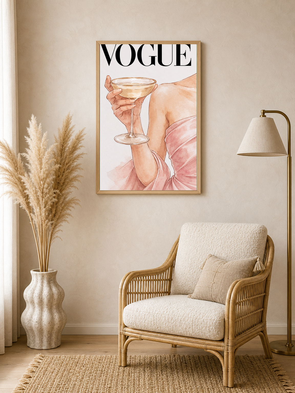 Elegant Vogue Champagne Wall Art Print - wood framed poster