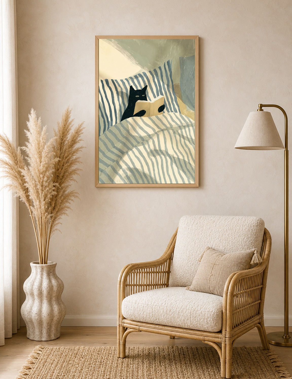 Cozy Cat Reading in Bed Wall Art Print - wood framed poster