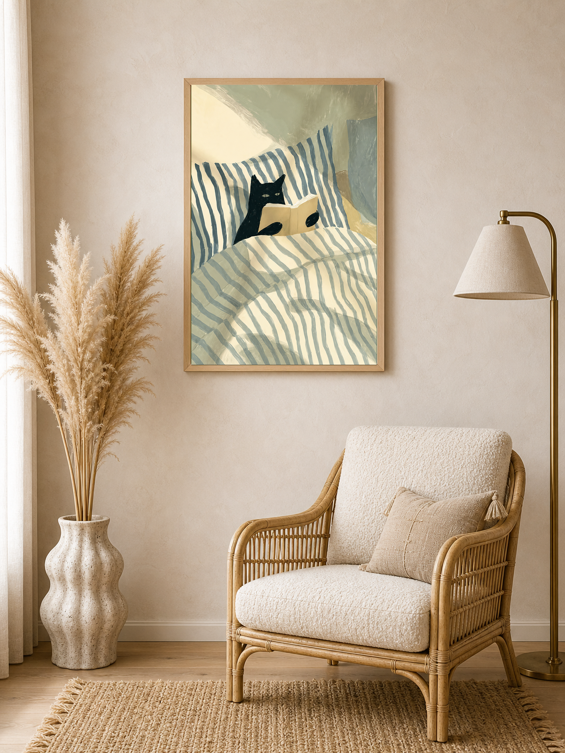 Cozy Cat Reading in Bed Wall Art Print - wood framed poster