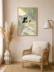 Cozy Cat Reading in Bed Wall Art Print - wood framed poster