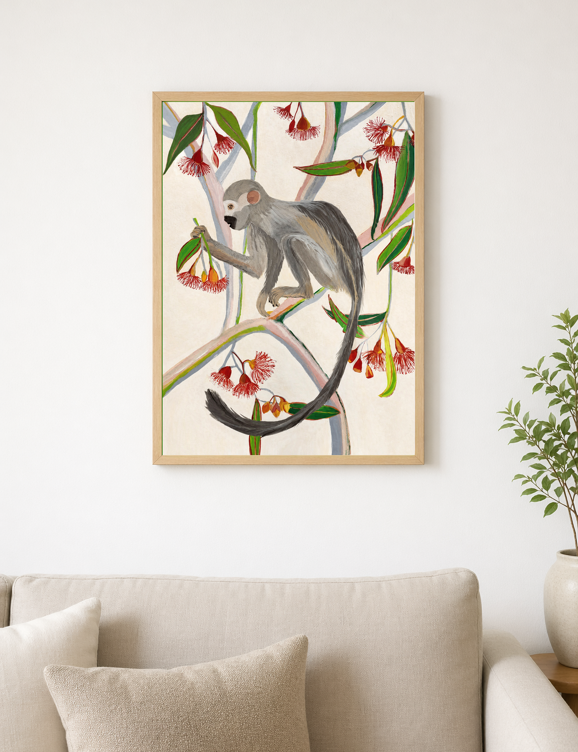 Monkey in Eucalyptus Tree Wall Art Print - wood framed poster