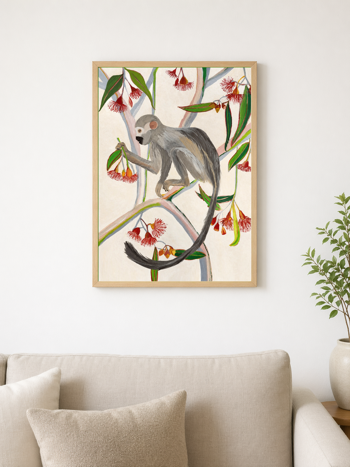 Monkey in Eucalyptus Tree Wall Art Print - wood framed poster