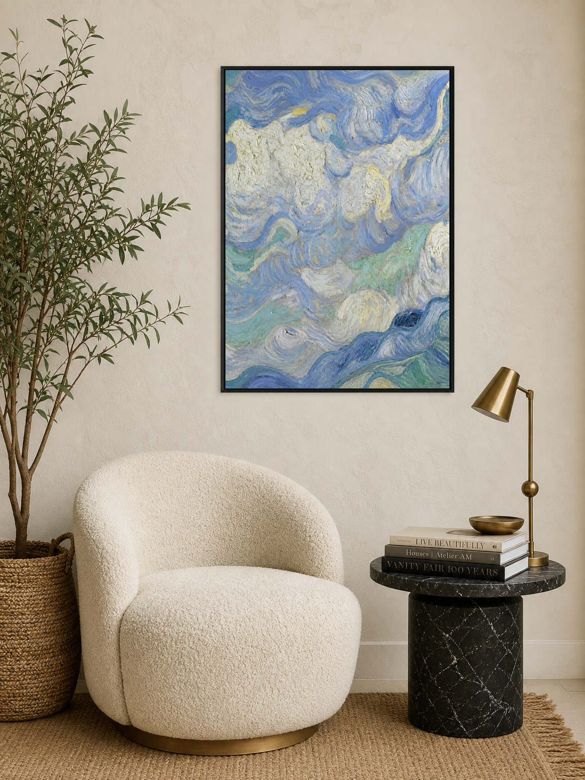 Swirling Blue Sky Wall Art Print - black framed