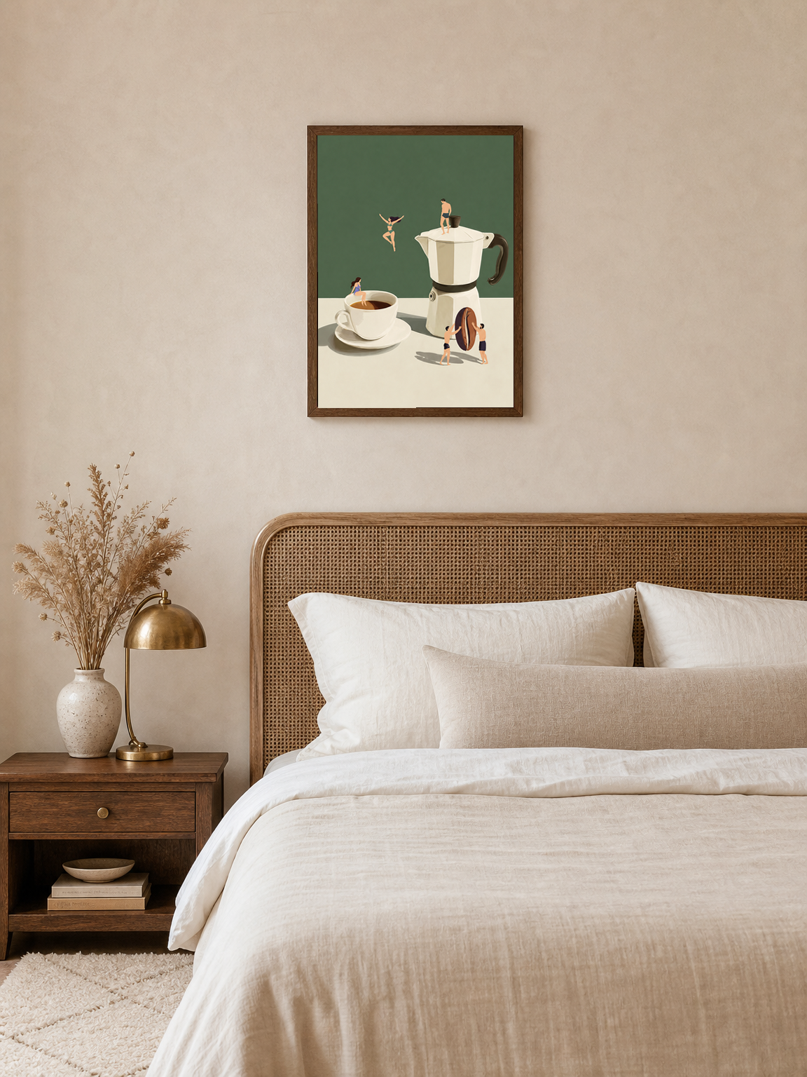 Surreal Coffee Swimmers Wall Art Print - dark wood framed