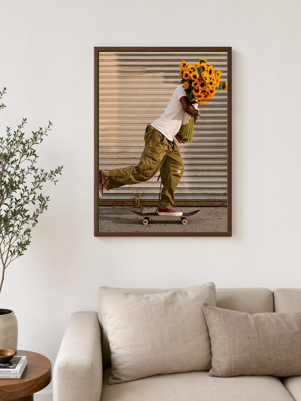 Skateboard Sunflower Delivery Wall Art Print - dark wood framed